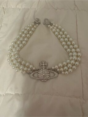 Vivienne Westwood White Pearl Multi-Strand Necklace with Crystal Orb Logo